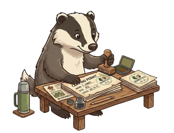 A badger stamping a stack of Bunkpost camping permits at a desk