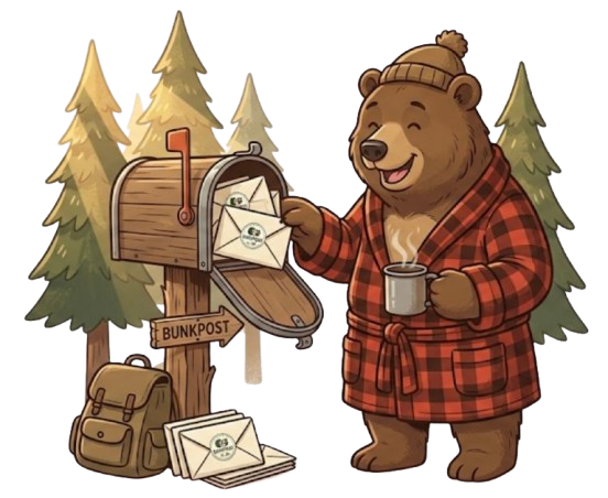A bear in a plaid robe, coffee in paw, collecting stamped payout envelopes from an overflowing mailbox