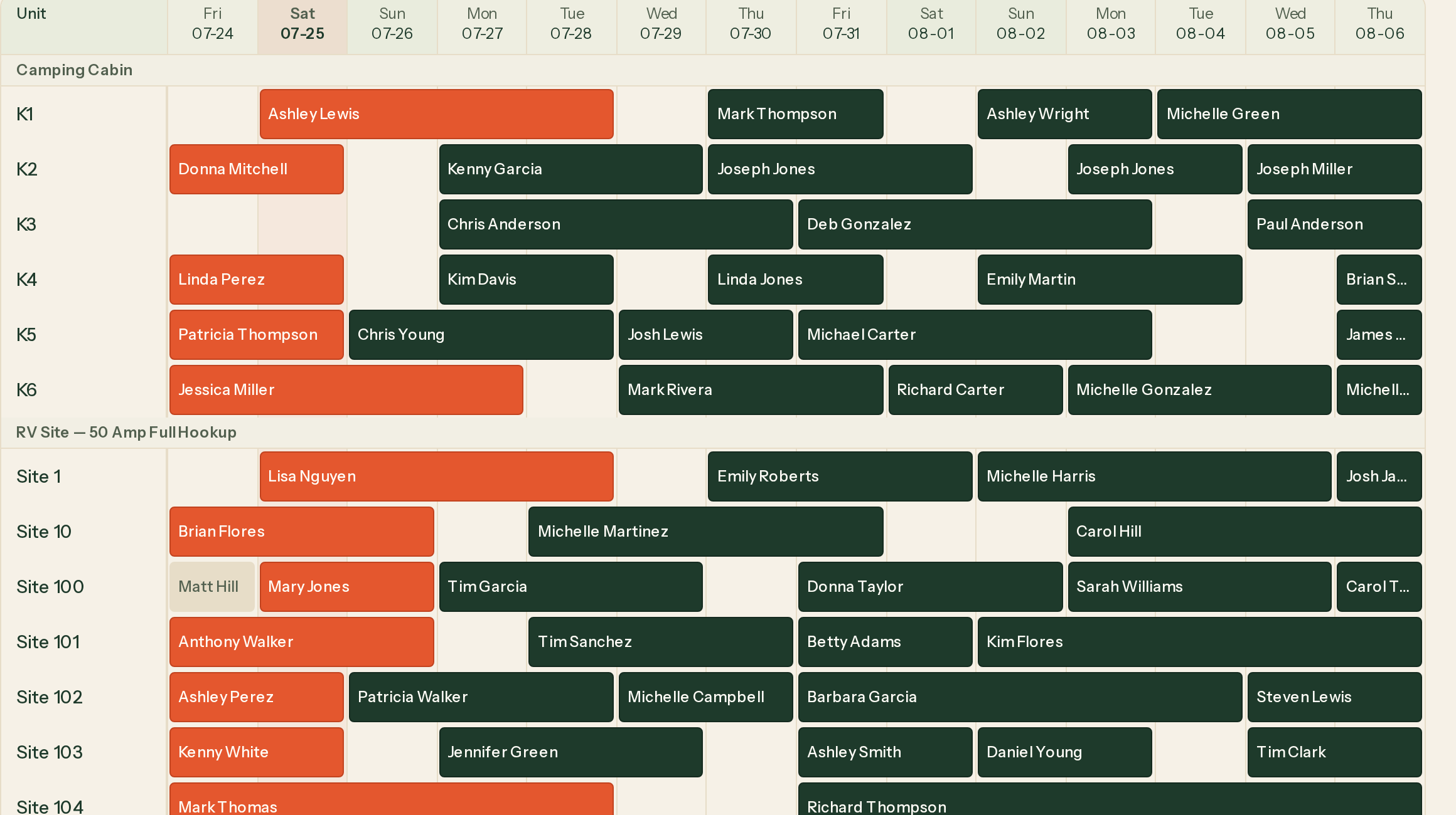 Close-up of the booking grid: reservations stacked back-to-back with no gaps and no overlaps