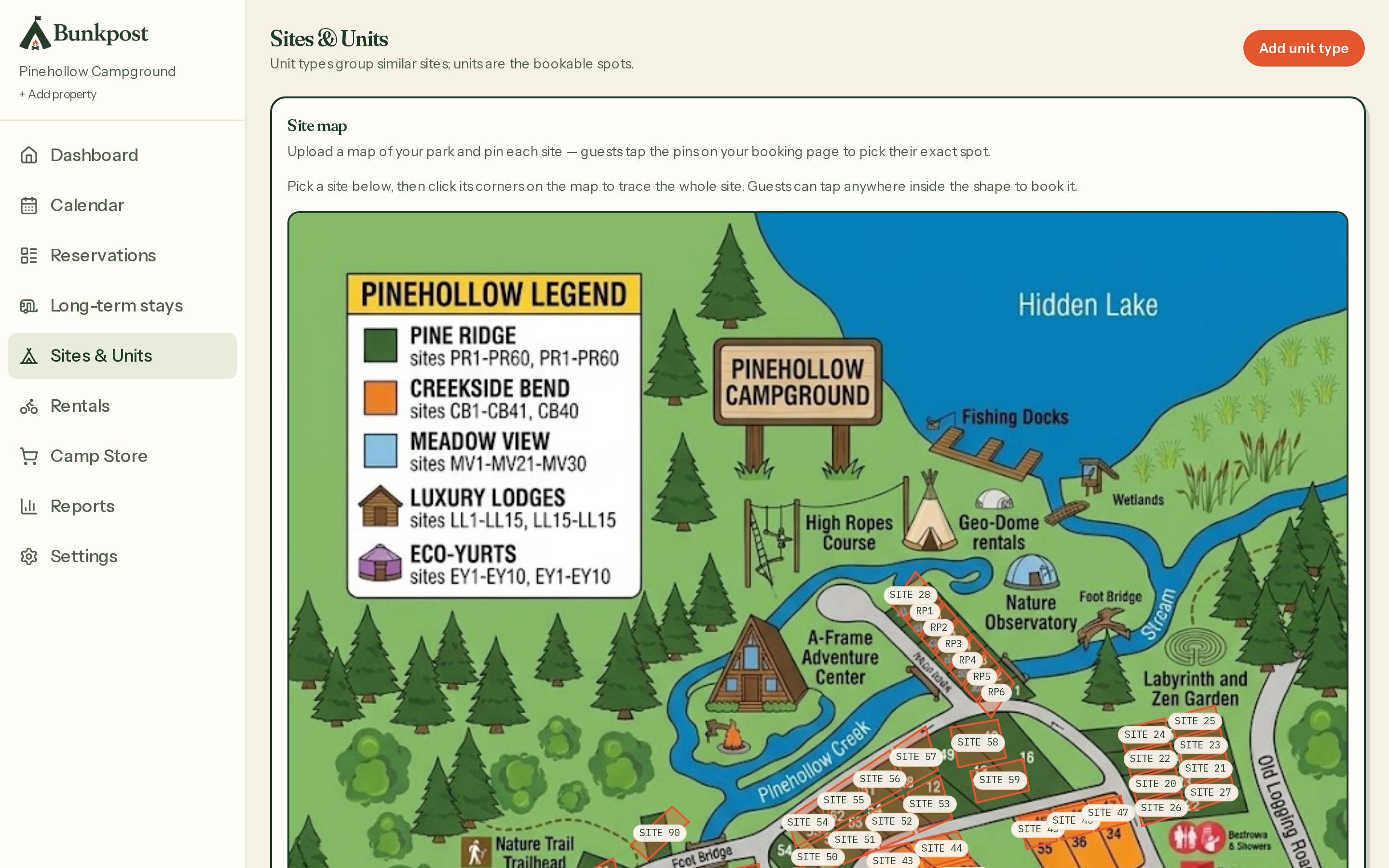 Sites & Units: site types with rates and the individual sites under each