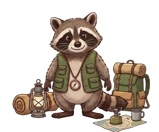 A ranger raccoon standing ready with a packed backpack, lantern, and trail map