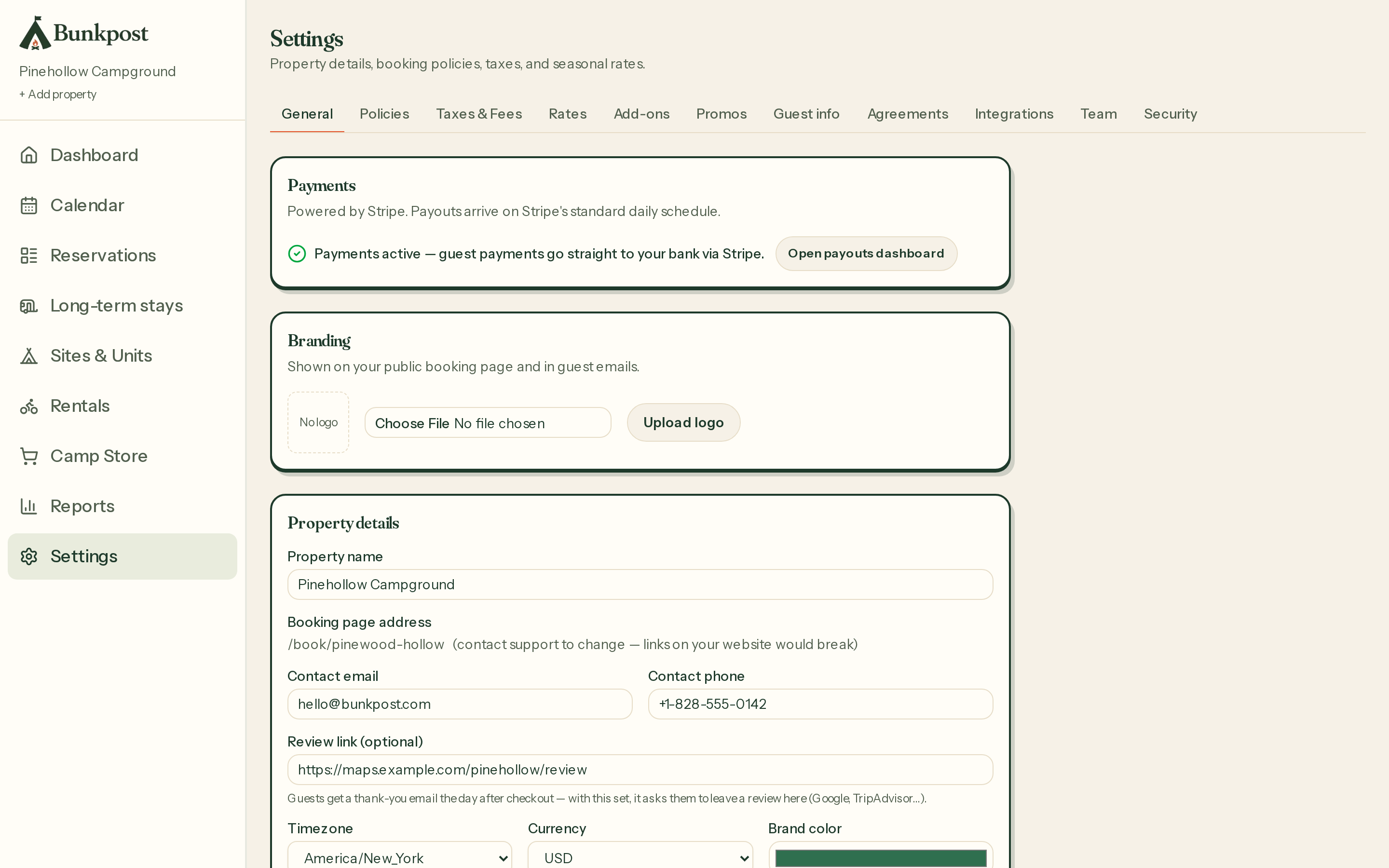 Settings → General: payments status, branding with logo upload, and property details