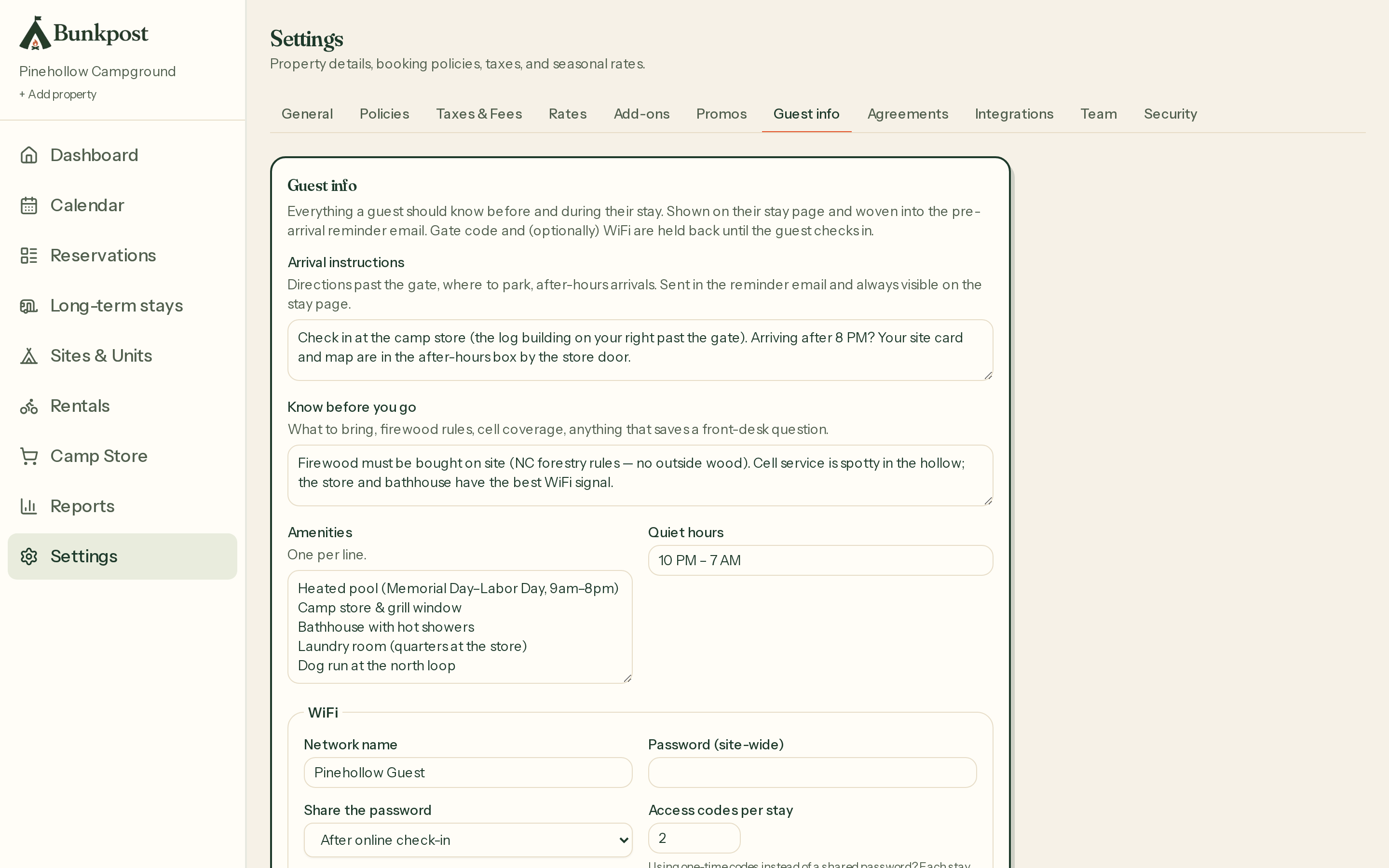 Settings → Guest info: arrival instructions, know-before-you-go, amenities, quiet hours, and WiFi settings