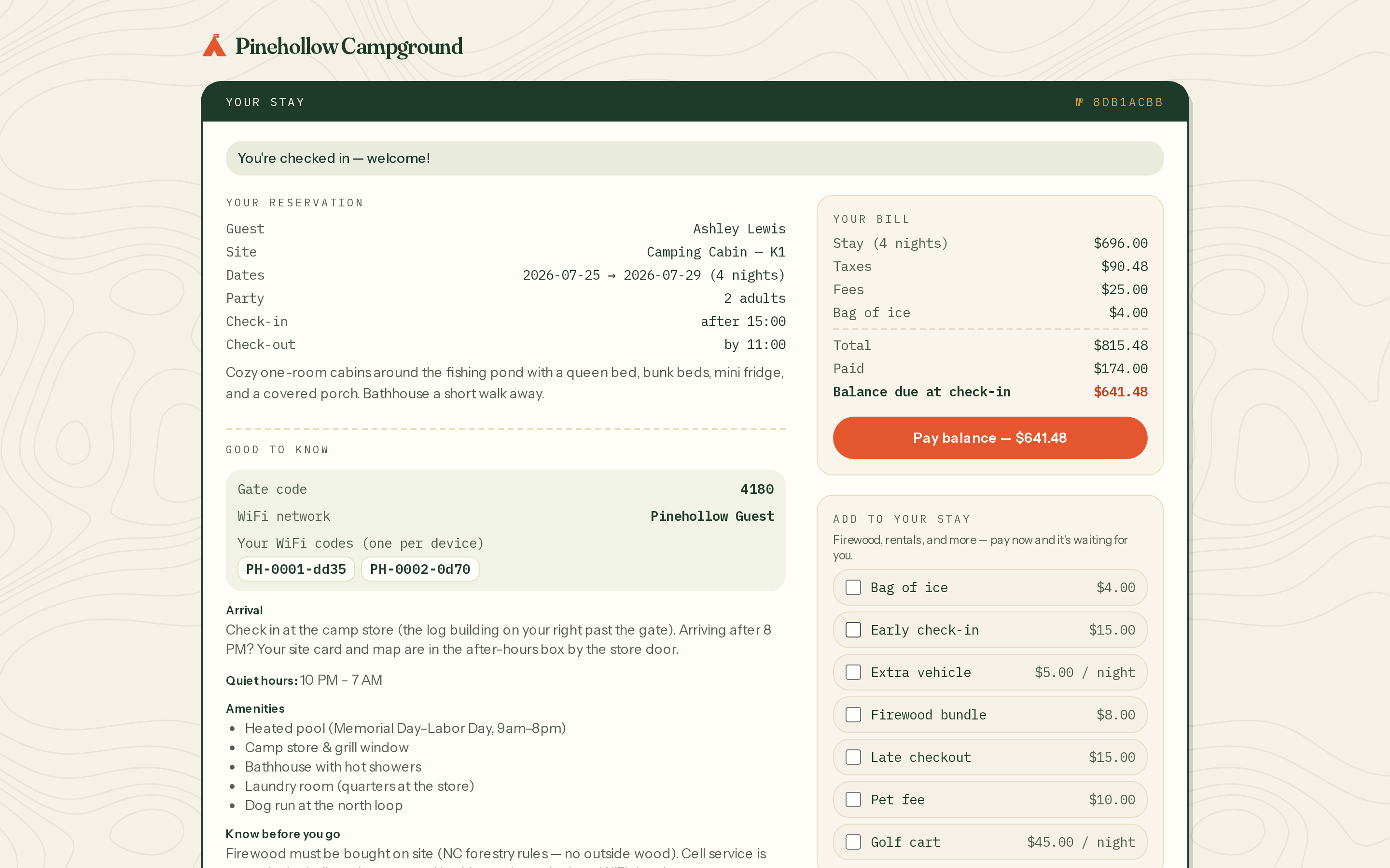 A guest stay page: checked-in banner, reservation details, bill, gate code, WiFi codes, and add-ons