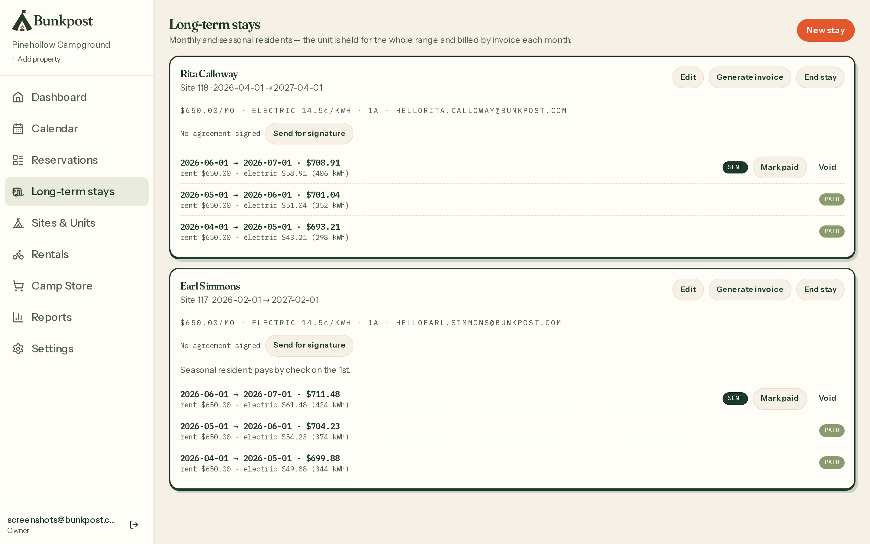 Long-term stays: residents, their sites and date ranges, monthly rent, and invoice status